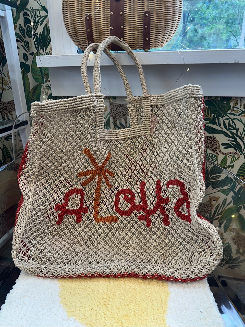 The Jacksons Jute Beach Crochet Tote Bag in Natural with Red & Orange Accents